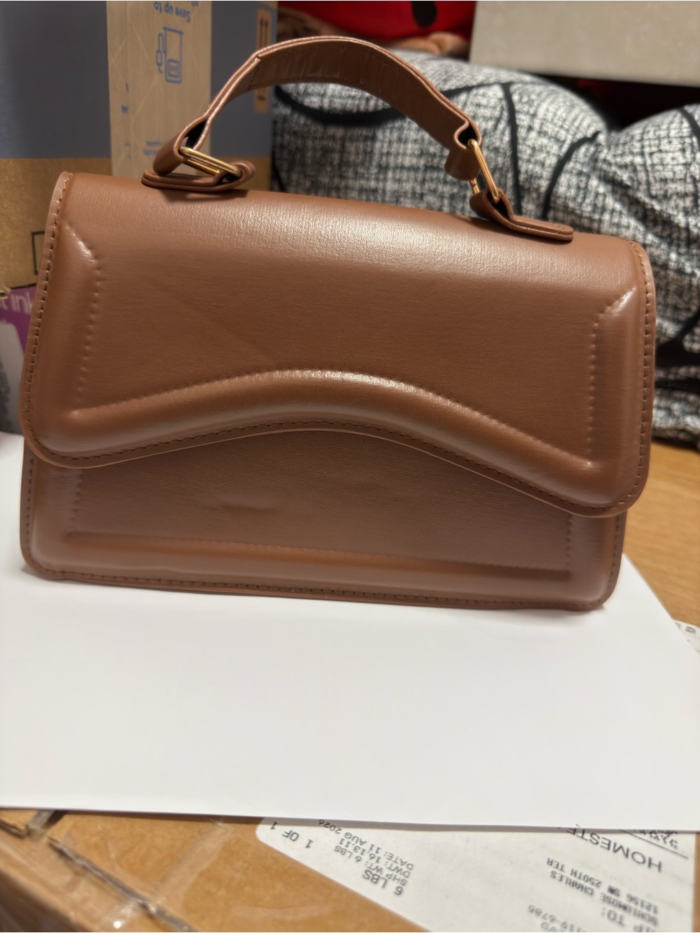 Elegant Camel Brown Top Handle Handbag – Gold Detail